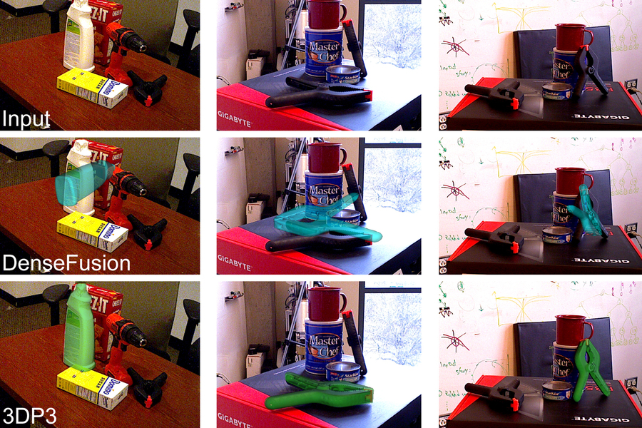 Three sets of three images of the same scene of a cluster of objects. The second and third image of each set has a CG 3D object inserted
