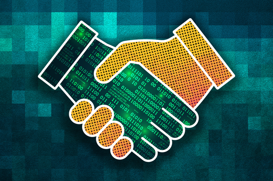 A drawing of a yellow hand shaking a hand with green binary code