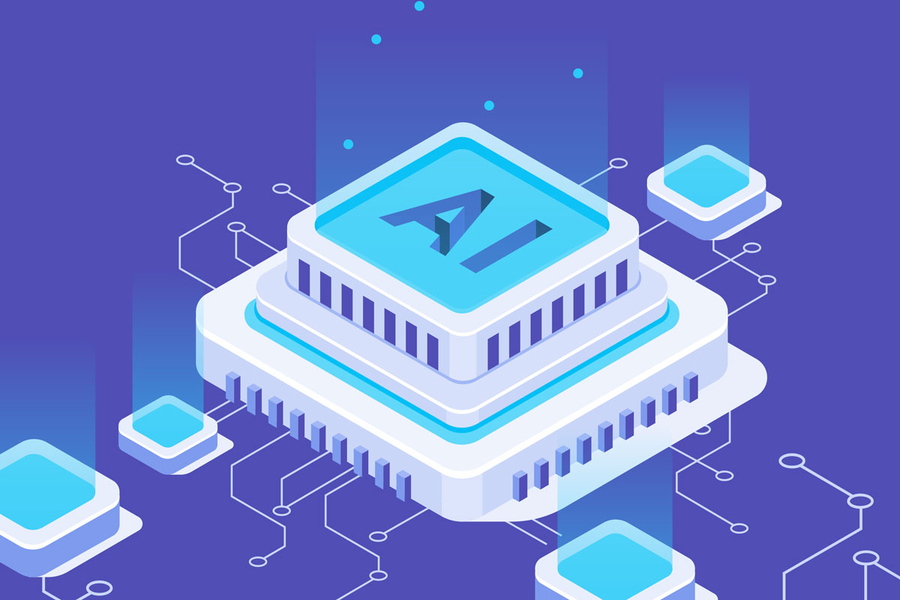 The letters "AI" labeled over a blue and purple chip-like graphic