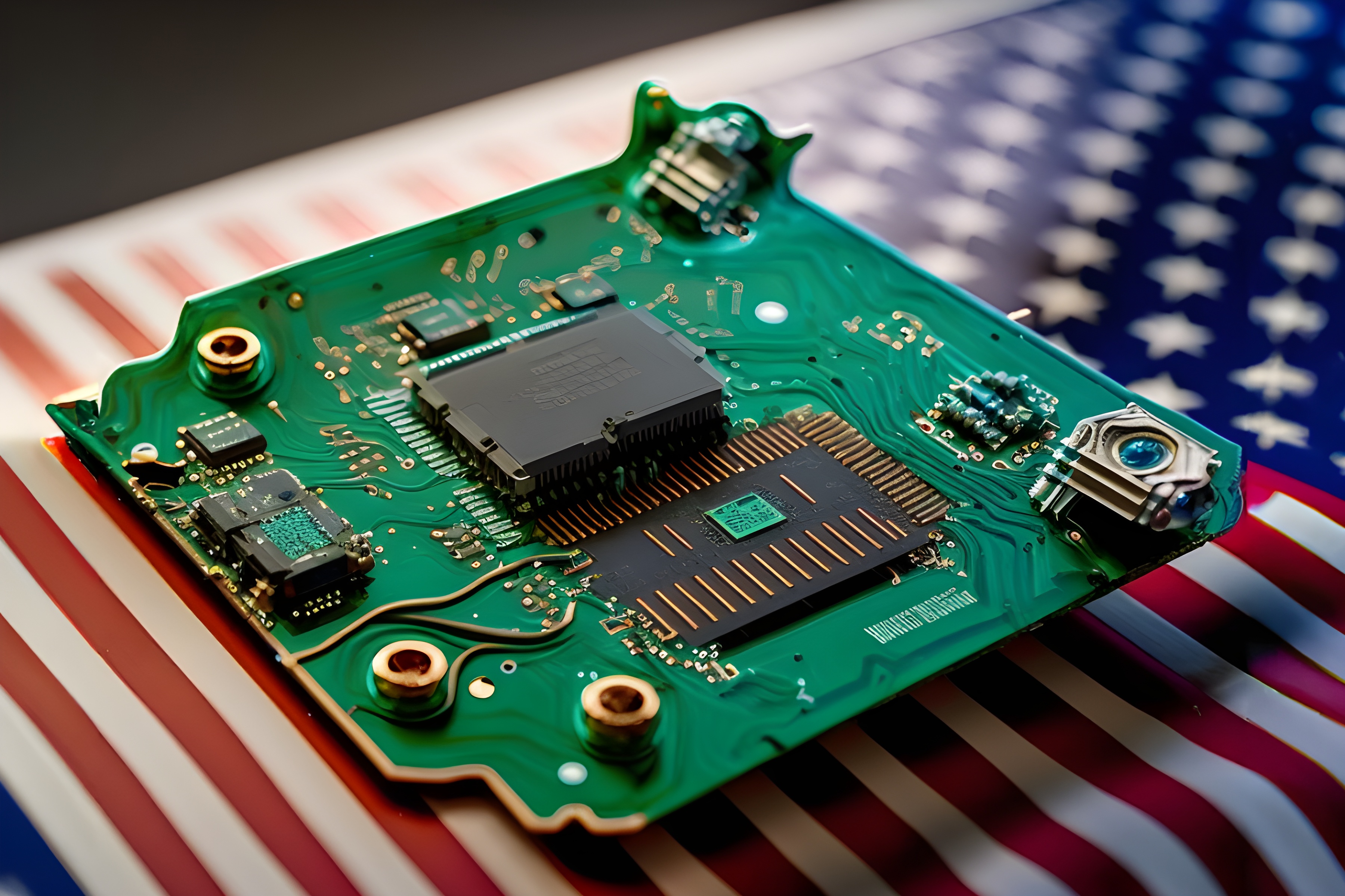 Computer chip with the United States of America's flag behind it