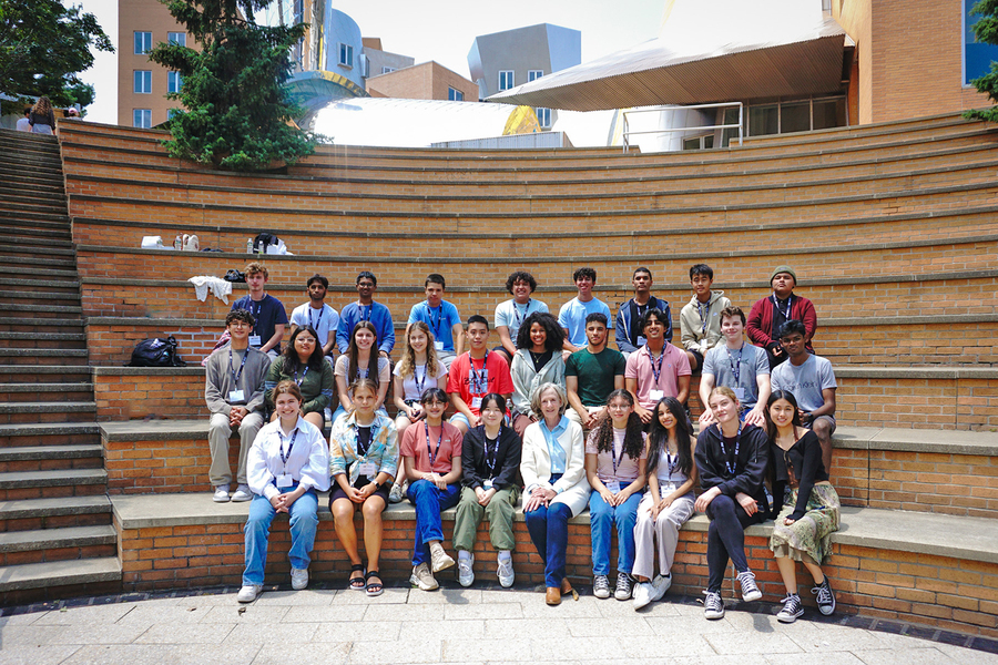 Jameel Clinic Summer Program students from Cohort 1 pose for a photo with MIT President Emerita Susan Hockfield (front row, center), who spoke with the class about the twists and turns of her career path and the importance of following curiosity (Credits: Jameel Clinic).