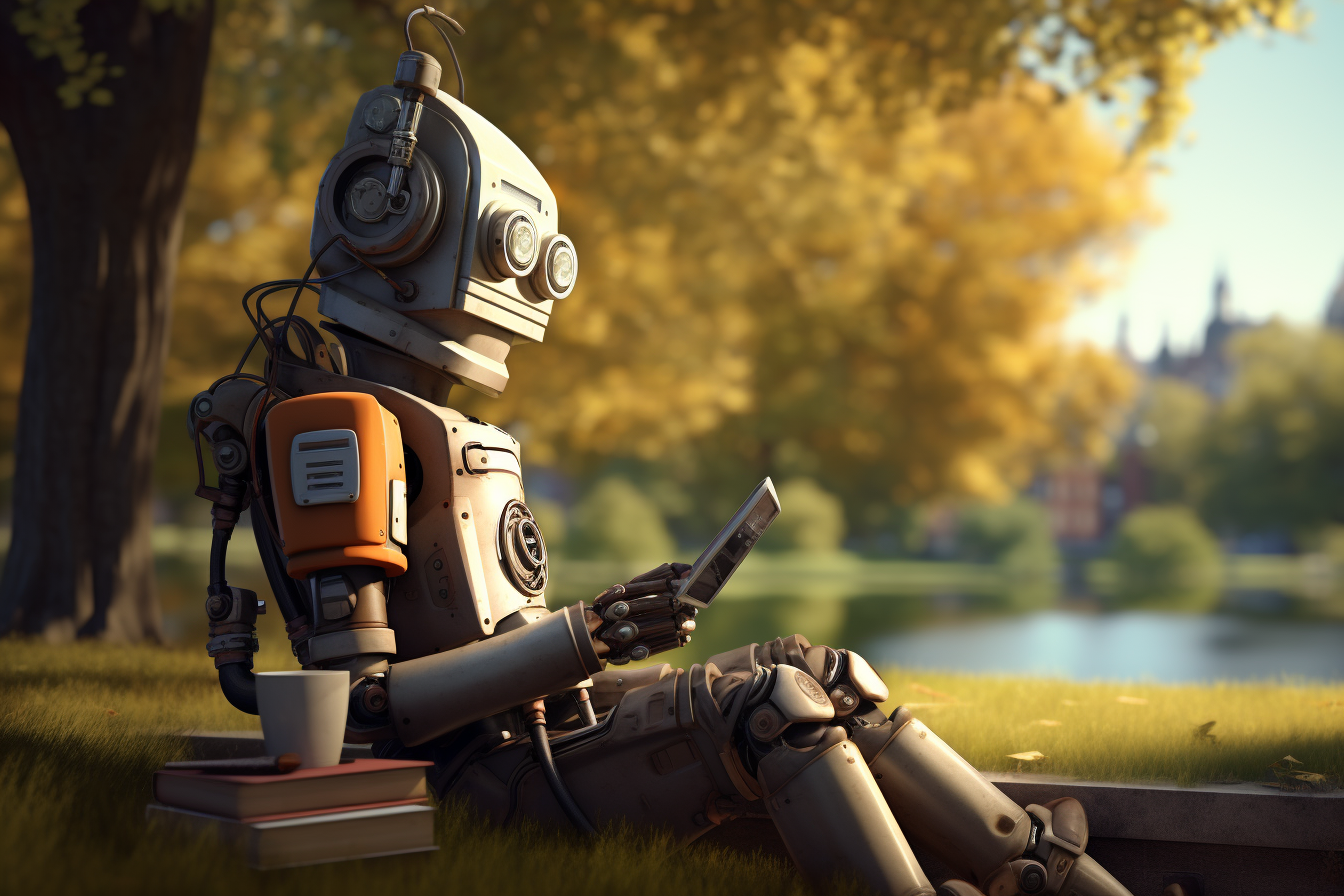 A robot listening to an audiobook in a park on a fall day.