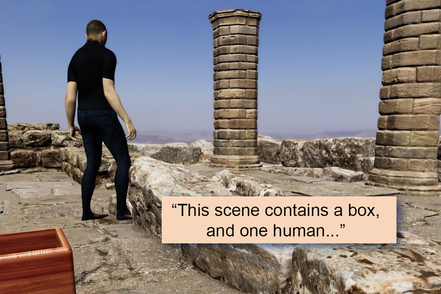 MIT researchers created a new annotated synthetic dataset of images that depict a wide range of scenarios, which can be used to help machine-learning models understand the concepts in a scene. The full text is “This scene contains a box, and one human. They are in a castle ruin with old stones. The box is to the left of the human. The box is in front of the human. The human rotate jump. The human is male. The human wears a black t-shirt and dark blue jeans” (Credit: The researchers).