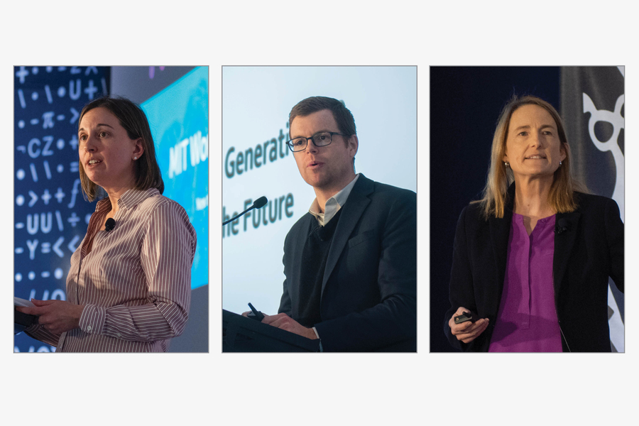 Speaking at the 2024 MIT AI Conference in Cambridge on Feb. 28 and 29 were (left to right) Julie Shah, the H.N. Slater Professor of Aeronautics and Astronautics; Ben Armstrong, executive director of MIT’s Industrial Performance Center; and Kate Kellogg, the David J. McGrath Jr Professor of Management and Innovation (Credits: David Sella).