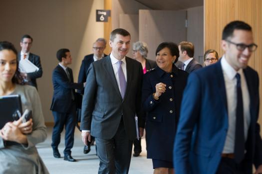 Andrus Ansip, vice president of the European Commission, chats with Secretary of Commerce Penny Pritzker.

