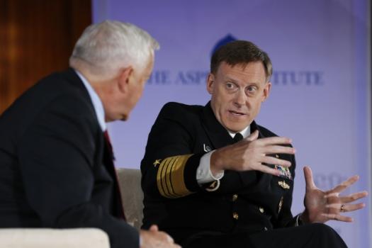 NSA Director Admiral Michael Rogers (right) discusses cybersecurity with Aspen Institute CEO Walter Isaacson.