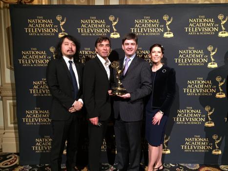 The consortium received the honor for its work in text captioning and subtitles. (L-R: Yosuke Funahashi, Thierry Michel, Philippe Le Hegaret and Karen Myers) 