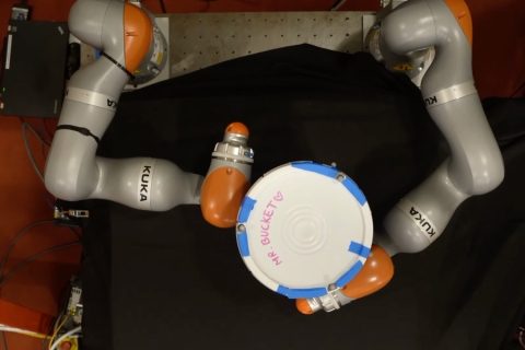 MIT researchers developed an AI technique that enables a robot to develop complex plans for manipulating an object using its entire hand, not just the fingertips. This model can generate effective plans in about a minute using a standard laptop. Here, a robot attempts to rotate a bucket 180 degrees (Credits: The researchers).