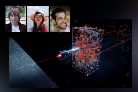 Nir Shavit, Lu Mi, and Yaron Meirovitch alongside a generated image of microscopy (Credits: Daniel Berger).