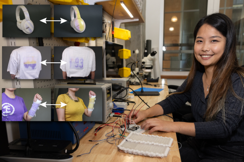 In experiments, PortaChrome redesigned headphones, a T-shirt, and a wrist splint. The researchers envision that one day, consumers could wear a cloak to change a shirt design, or use a car cover to give their vehicle a new look. “PortaChrome provides a more convenient way to reprogram your surroundings,” says PhD student Yunyi Zhu ’20, MEng ’21 (pictured) (Credit: Mike Grimmett/MIT CSAIL).