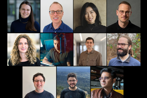 Top row (left to right): Bailey Flanigan, Brian Hedden, Yunha Hwang, and Brian Lindquist. Second row (left to right): Mariana Popescu, Paris Smaragdis, Daniel Varon, and Mark Rau. Third row (left to right): Mitchell Gordon, Omar Khattab, and Rachit Nigam (Credits: Courtesy of the MIT Schwarzman College of Computing).