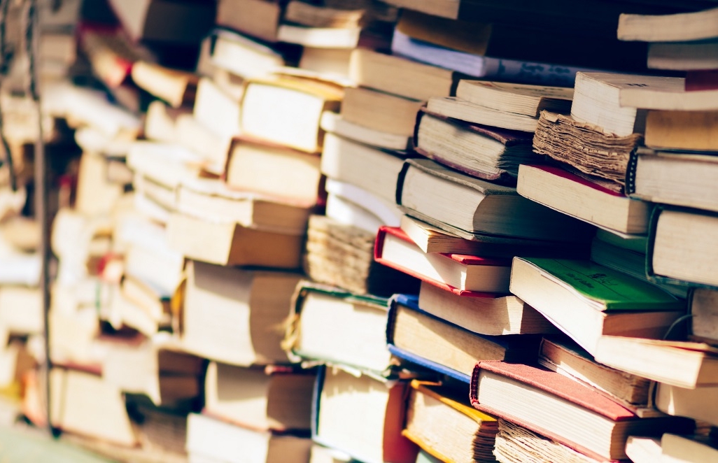 An image of books on a library shelf.